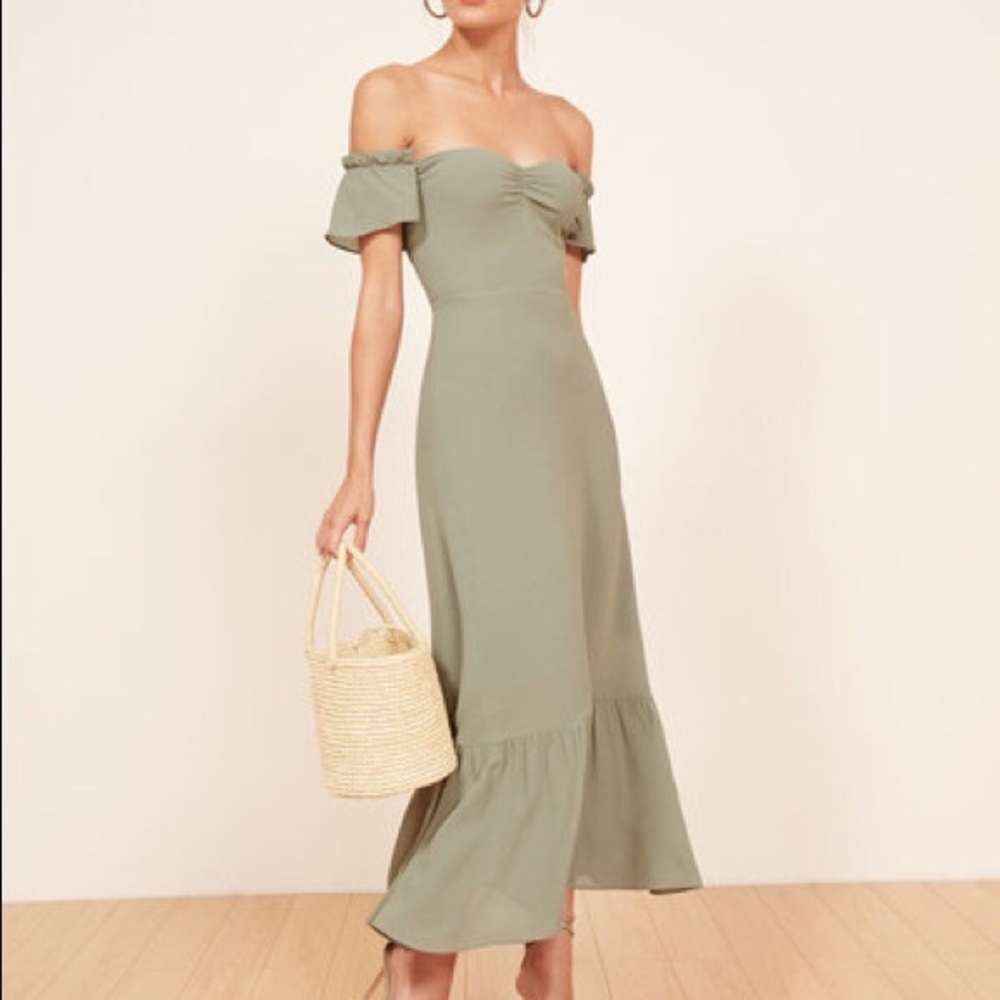 reformation butterfly dress in moss